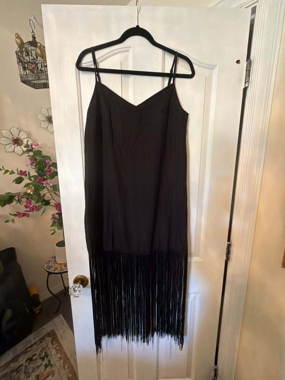 New. Boho Black Slip Dress With Long Fringe Hem